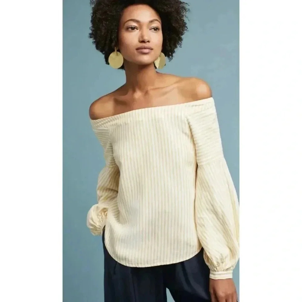 Maeve Anthropologie Cotile Stripe Balloon Sleeve Off The Shoulder Top Size 6